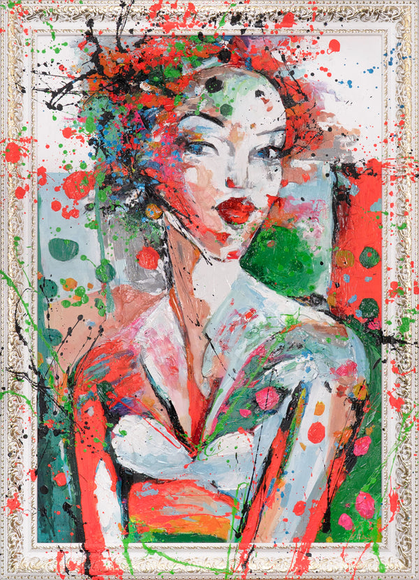 Abstrakt maleri med ramme „I farvernes rytme“ – Farverigt lærredsbillede med ansigt