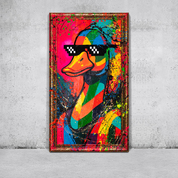 Moderne vægdekoration til stuen – Pop-Art lærredsbillede „Duck Vibe“