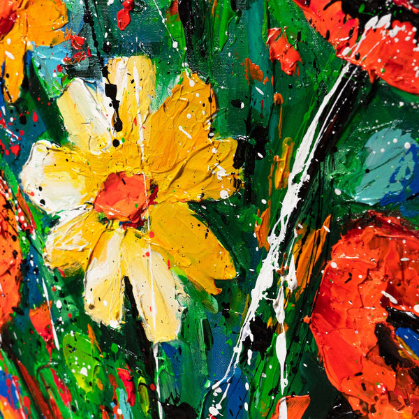 Abstrakt blomsterbillede – Håndmalet lærredsbillede „Blomsterbladens varme“
