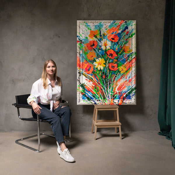 Abstrakt blomsterbillede – Håndmalet lærredsbillede „Blomsterbladens varme“