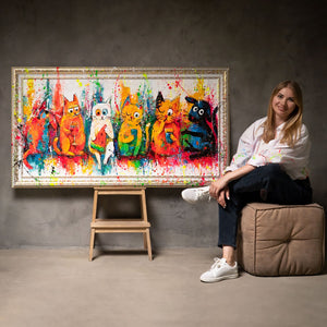 Farverige kattebilleder Pop Art – Håndmalet vægkunst „Katte, Farve, Sjov“