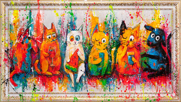 Farverige kattebilleder Pop Art – Håndmalet vægkunst „Katte, Farve, Sjov“