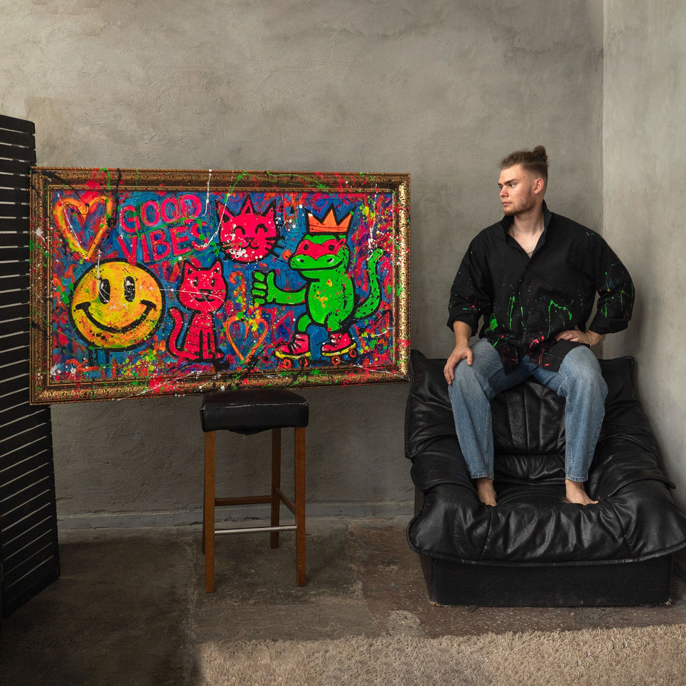 Moderne abstrakt kunst til stuen – Farverigt billede „Rulleskøjter og Glæde“