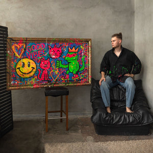 Moderne abstrakt kunst til stuen – Farverigt billede „Rulleskøjter og Glæde“