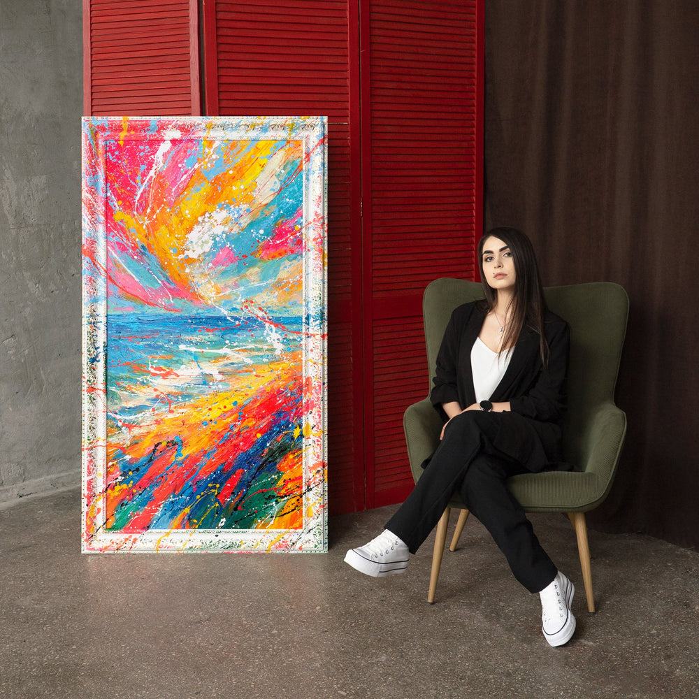 Moderne abstrakt kunst på lærred – Farverig akrylmaleri „Horisontens Glans“