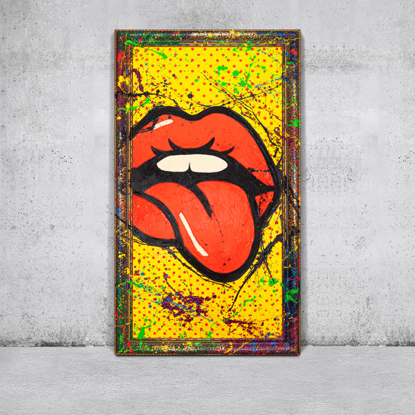 Håndmalet Vægmaleri Stue – Abstrakt Kunst med Pop-Art Mund „WOW“
