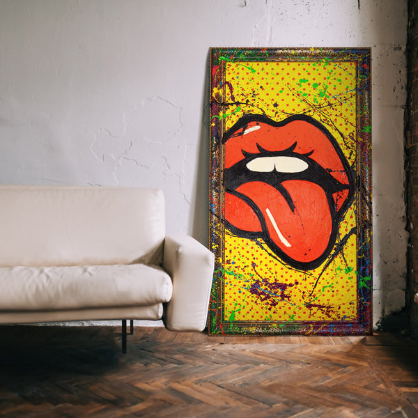 Håndmalet Vægmaleri Stue – Abstrakt Kunst med Pop-Art Mund „WOW“
