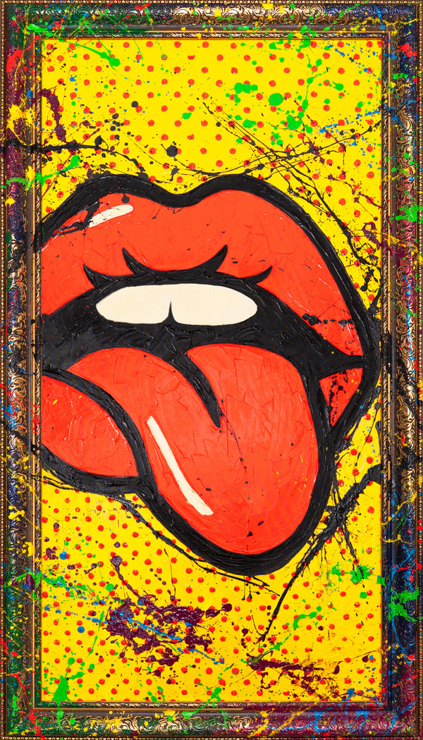 Håndmalet Vægmaleri Stue – Abstrakt Kunst med Pop-Art Mund „WOW“
