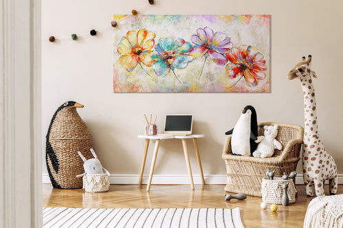 Akrylmalerier med blomster – moderne farverige lærredsbilleder med gulddetaljer
