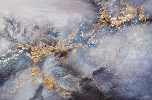 Eksklusiv vægkunst „Renaissance-Tid“ – Håndmalet akryl på lærred, blå og guld