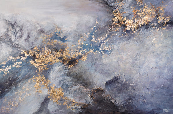 Eksklusiv vægkunst „Renaissance-Tid“ – Håndmalet akryl på lærred, blå og guld