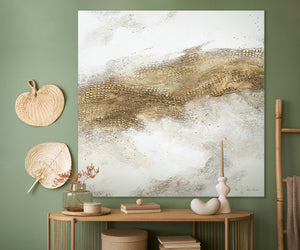 Abstrakt maleri med guld "April" – abstrakte malerier på lærred 100x100 cm