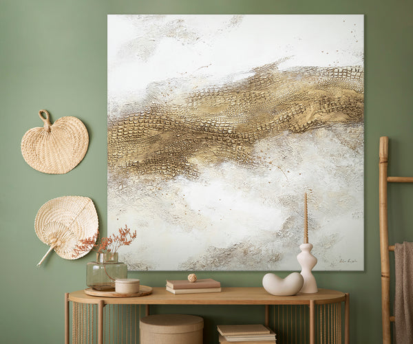 Abstrakt maleri med guld "April" – abstrakte malerier på lærred 100x100 cm