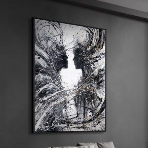 Abstrakte Figur Schwarz Weiß Gold handgemaltes Leinwandbild