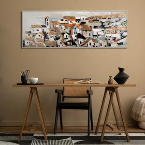 Abstraktes Gemälde Beige Schwarz Acryl Stadtlandschaft Kunst