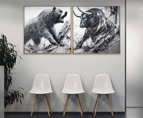 Bulle und Bär Acryl Leinwandbild moderne Tierkunst Wanddeko