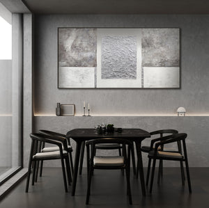 Abstrakt maleri grå sølv hvid med ramme håndmalet "Perfekt Stabilitet"