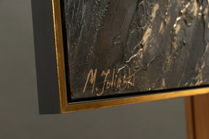 Abstrakt maleri med guld og sort – håndmalet kunstværk “Spejlinger III”