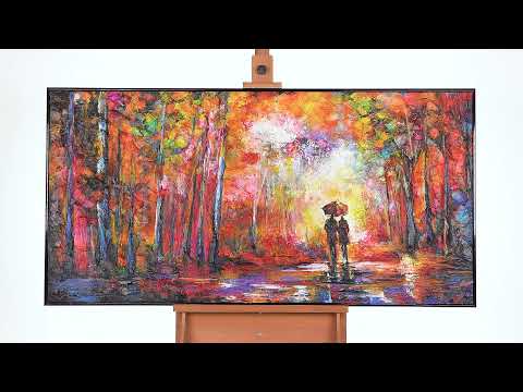 Håndmalet maleri med ramme "Romantik" – kunst til stuen i varme efterårsfarver