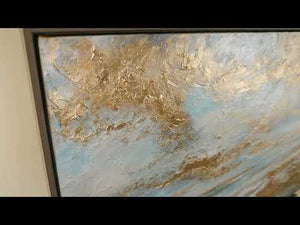 Abstrakt landskabsmaleri på lærred med ramme – Håndmalet akrylkunst med guld detaljer
