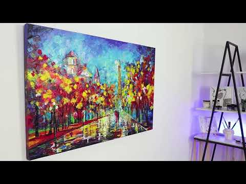 Abstrakt landskabsmaleri håndmalet med ramme "Aften i Paris"