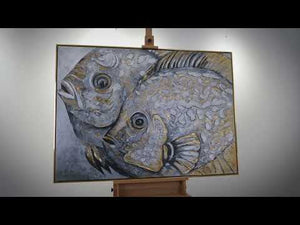 åndmalet abstrakt maleri med fisk og guld – Eksklusiv væg kunst til moderne hjem
