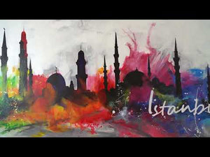 Håndmalet akryl maleri med ramme "Istanbul" abstrakt bybillede